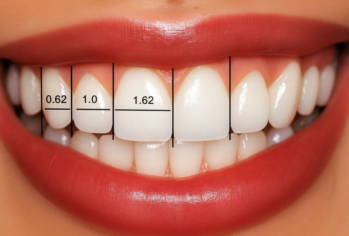 A smile with the upper front teeth measured in golden proportion: canine 0.62, lateral incisor 1.0, central incisor 1.62
